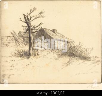 Alphonse Legros, (Künstler), französisch, 1837 - 1911, Reetgedeckte Hütte (Chaumiere), Radierung und Trockenpunkt mit Tinte retuschiert Stockfoto