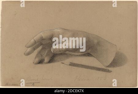 Hiram Powers, (Künstler), Amerikaner, 1805 - 1873, Studie einer Hand, 1856, Holzkohle mit weißer Kreide auf grünem Wove-Papier erhöht, Blatt: 11.2 × 17.6 cm (4 7/16 × 6 15/16 in Stockfoto