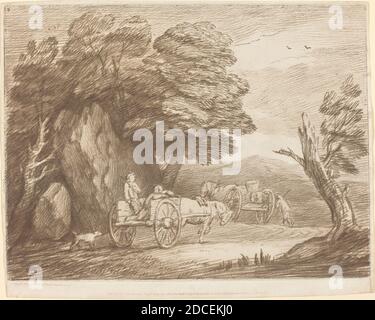 Thomas Gainsborough, (Künstler), britisch, 1727 - 1788, John Boydell, (Verlag), britisch, 1719 - 1804, Josiah Boydell, (Verlag), britisch, 1752 - 1817, Wooded Landscape with Two Country Carts and Figures, 1779/1780, erschienen 1797, zartgeschliffene Radierung in Braun auf Webenpapier, Platte: 29.5 × 39.4 cm (11 5/8 × 15 1/2 Zoll), Blatt: 32.2 × 39.9 cm (12 11/16 × 15 11/16 Zoll Stockfoto