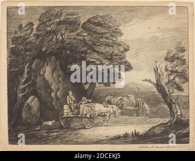 Thomas Gainsborough, (Künstler), britisch, 1727 - 1788, Waldlandschaft mit zwei Country Carts und Figuren, 1779/1780, Weichschliffen auf Büttenpapier, Platte: 29.5 x 39 cm (11 5/8 x 15 3/8 Zoll), Blatt: 32.3 x 41.7 cm (12 11/16 x 16 7/16 Zoll Stockfoto