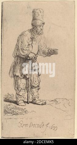 Rembrandt van Rijn, (Künstler), holländisch, 1606 - 1669, EIN Bauer in einem hohen Cap, Standing Leaning on a Stick, 1639, Radierung Stockfoto