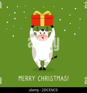 Gruß Weihnachtskarte, Stier mit Geschenk. Neujahr Symbol Cartoon Kuh, Büffel oder Kalb. Frohe Weihnachten und Frohes neues Jahr. Handgezeichneter Tier Charakter Urlaub Vektor Stock Vektor