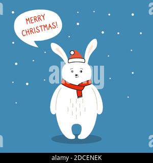 Grußkarte Weihnachtskarte, Kaninchen mit Dialogrede, Blase. Neujahr Hase in Weihnachtsmann Hut. Hand gezeichnet lustige Cartoon weihnachten Charakter. Frohes neues Jahr, Frohe Weihnachten. Tiervektor Stock Vektor