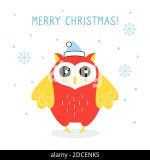 Gruß Weihnachtskarte, rote Eule mit Schnee. Neujahr Vogel in Weihnachtsmann Hut. Handgezeichnete Cartoon-Figur. Frohe Weihnachten und Frohes neues Jahr. Vektor auf weißem Hintergrund Stock Vektor