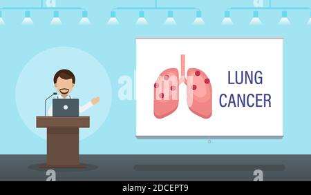 Medizinisches Konferenzkonzept mit Arzt sprechen auf der Bühne flaches Design Vektor Illustration Stock Vektor