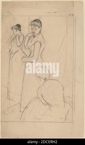 Mary Cassatt, (Künstlerin), Amerikaner, 1844 - 1926, The Fitting, 1890-1891, Graphit über schwarzer Kreide auf gewebtem Papier, Blatt: 49.5 × 30.3 cm (19 1/2 × 11 15/16 Zoll Stockfoto