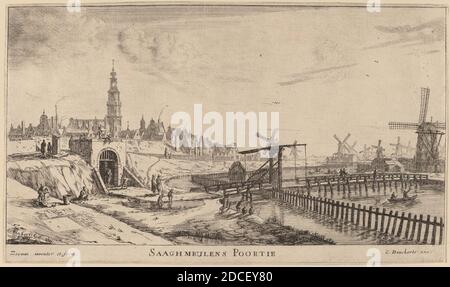 Reinier Nooms, genannt Zeeman, (Künstler), Niederländisch, 1623 oder 1624 - 1664, Zaagmolen Gate (Saaghmeulens Poortie), The Eight Gates of Amsterdam, (Serie), Radierung Stockfoto