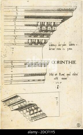 Meister PS, (Künstler), Italienisch (?), aktiv 1535/1537, Entablatur aus der Kirche St. Bibiana, Rom, verschiedene architektonische Teile des korinthischen Ordens, (Serie), 1537, Gravur Stockfoto