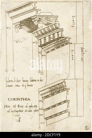 Meister PS, (Künstler), Italienisch (?), aktiv 1535/1537, Entablatur aus der Basilika Ulpia, Rom, verschiedene architektonische Teile des korinthischen Ordens, (Serie), 1537, Gravur Stockfoto