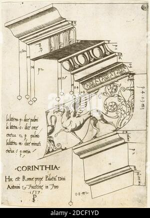 Meister PS, (Künstler), Italienisch (?), aktiv 1535/1537, Entablatur aus dem Tempel des Antoninus und Faustina, Rom, verschiedene architektonische Teile des korinthischen Ordens, (Serie), 1537, Gravur Stockfoto