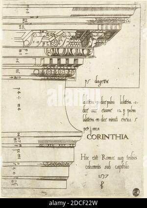 Meister PS, (Künstler), Italienisch (?), aktiv 1535/1537, Entablatur aus dem Tempel von Castor und Pollux, Rom, verschiedene architektonische Teile des korinthischen Ordens, (Serie), 1537, Gravur Stockfoto