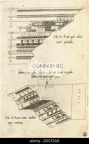 Meister PS, (Künstler), Italienisch (?), aktiv 1535/1537, Entabulaturen von Santa Pudenziana und dem Camigliano-Bogen, Rom, verschiedene architektonische Teile des korinthischen Ordens, (Serie), 1537, Gravur Stockfoto