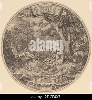 Jan Theodor de Bry, (Künstler), Flämisch, 1561 - 1623, Abraham Bloemaert, (Künstler nach), Niederländisch, 1566 - 1651, Nicolaes de Bruyn, (Künstler nach), Flämisch, 1565/1571 - 1656, das Goldene Zeitalter, 1608, Gravur auf Papier, Durchmesser (auf Platte zugeschnitten): 16.4 cm (6 7/16 in Stockfoto