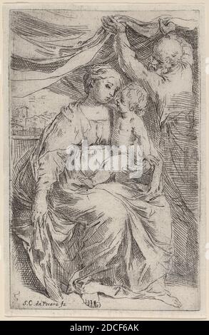 Simone Cantarini, (Künstler), Pesarese, 1612 - 1648, die Heilige Familie, Radierung Stockfoto