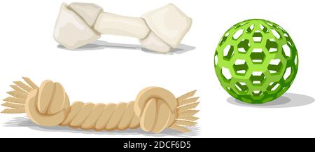 Vektor Cartoon Stil Katze oder Hund Spielzeug, Kunststoff-Ball, Seil und Knochen. Isoliert auf weißem Hintergrund. Stock Vektor