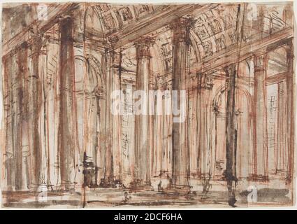 Giovanni Battista Piranesi, (Künstler), Venetian, 1720 - 1778, der Portikus des Pantheons, 1750er und Anfang 1760er, Feder und dunkelbraune Tinte mit grau-graubrauner Wäsche über roter Kreide, auf drei vertikal zusammengeklebten Papierstücken, Gesamtüberschuß: 21 x 30 cm (8 1/4 x 11 13/16 Zoll), linker Abschnitt: 21.1 x 8.4 cm (8 5/16 x 3 5/16 Zoll), Mittelteil: 21 x 18.6 cm (8 1/4 x 7 5/16 Zoll), rechter Abschnitt: 21 x 7.4 cm (8 1/4 x 2 15/16 Zoll Stockfoto