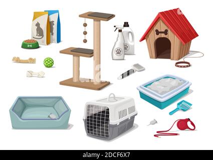 Vektor Cartoon Stil PET Shop Supermarkt Hund und Katze Wurf, Haus, Spielbaum, Spielzeug, Pflege-Tools, Lebensmittelpaket. Stock Vektor
