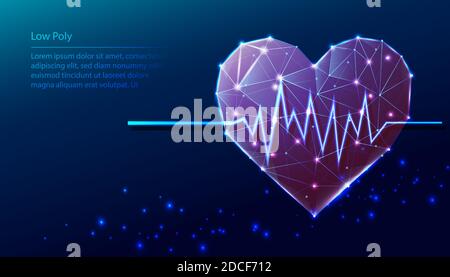 Vector Tech low poly blauen Hintergrund. Low-Poly-Herzform mit Herzschlag Diagramma. Stock Vektor