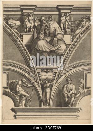 Giorgio Ghisi, (Künstler), Italienisch, 1520 - 1582, Michelangelo, (Künstler nach), Florentine, 1475 - 1564, der Prophet Jeremiah, Propheten und Sibyls, (Serie), Anfang der 1570er Jahre, Gravur auf Papier, Platte: 56 x 43 cm (22 1/16 x 16 15/16 Zoll), Blatt: 59.9 x 44.8 cm (23 9/16 x 17 5/8 Zoll Stockfoto