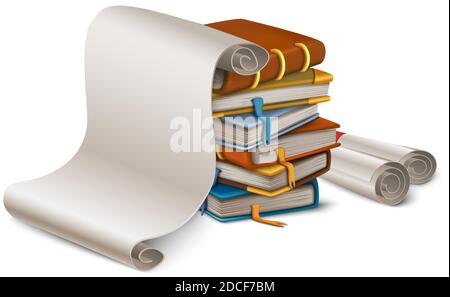 3d realistische Vektor Cartoon Stil Stapel von Büchern und leeres Papier und Papierrollen. Isoliert auf weißem Hintergrund. Stock Vektor