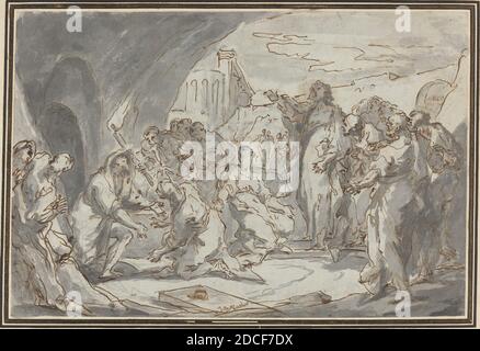 Jean-Baptiste Van Loo, (Künstler), französisch, 1684 - 1745, The Raising of Lazarus, Feder und braune Tinte mit grauer WASH über schwarzer Kreide auf gegossem Papier, insgesamt: 21.7 x 32.4 cm (8 9/16 x 12 3/4 Zoll Stockfoto