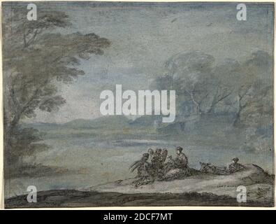 Claude Lorrain, (Künstler), französisch, 1604/1605 - 1682, The Rest on the Flight into Egypt, 1682, Feder und braune Tinte mit grauer und blauer Waschung und Graphit, mit weißer Gouache auf blauem Papier verstärkt, insgesamt (ca.): 12.6 x 16.6 cm (4 15/16 x 6 9/16 Zoll Stockfoto