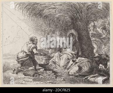 Giovanni Domenico Tiepolo, (Künstler), Venetian, 1727 - 1804, der Rest auf der Flucht mit Joseph in Anbetung, Flucht nach Ägypten: pl. 19, (Serie), 1752, Radierung Stockfoto
