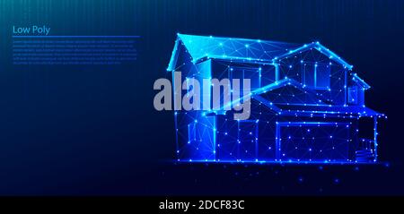 Polygonale Villa oder Haus auf dunkelblauen Tech-Hintergrund, Dreiecke und Partikel-Stil Design. Stock Vektor