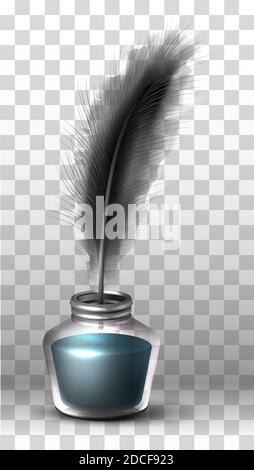 3d realistische Vektorglas Flasche Tinte und schwarze Feder auf transparentem Hintergrund. Stock Vektor