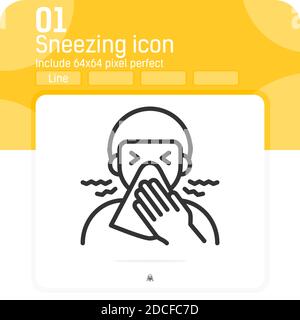 Symbol für persönliche Hygiene mit einem auf weißem Hintergrund isolierten Umriss. Vektor-Illustration persönliche Hygiene mit Gewebe beim Niesen oder Menschen krank Stock Vektor