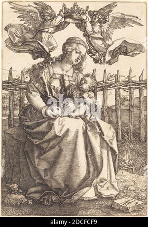 Albrecht Dürer, (Künstler), Deutsch, 1471 - 1528, die Jungfrau und das Kind gekrönt von zwei Engeln, 1518, Gravur Stockfoto