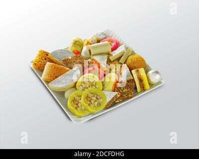 Indische Süßigkeiten auf einem Teller gehören Gulab Jamun, Rasgulla, kaju katli, morichoor / Bundi Laddu, Gujiya oder Karanji für diwali Feier I, Mix Mithai, Stockfoto