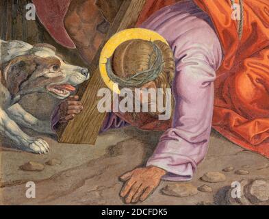 WIEN, AUSTIRA - 22. OKTOBER 2020: Das Detail des Freskenfalls Jesu entkleide das Kreuz als Teil der Kreuzweg-Station. Stockfoto