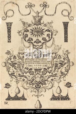 Daniel Mignot, (Künstler), deutsch, aktiv 1593/1596, Titelseite: Großer Anhänger, Tugenden: pl.1, (Serie), 1593, Gravur Stockfoto