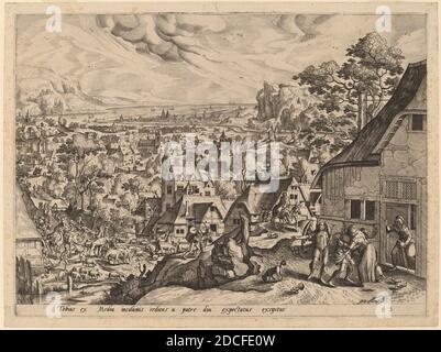 Gerard de Jode, (Künstler), Flämisch, 1509 oder 1517 - 1591, Hans Bol, (Künstler nach), Niederländisch, 1534 - 1593, Tobias kehrt mit seiner Braut nach Hause zurück, Landschaften mit der Geschichte Tobias, (Serie), Radierung und Gravur Stockfoto