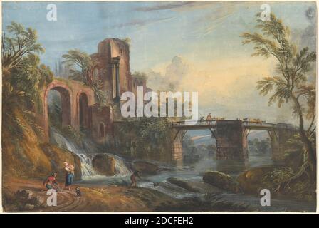 Jean-Baptiste Lallemand, (Künstler), Französisch, 1716 - c. 1803, Dawn Landscape with Classical Ruins, 1760er?, Gouache auf Papier, insgesamt: 32.4 x 48.1 cm (12 3/4 x 18 15/16 Zoll Stockfoto