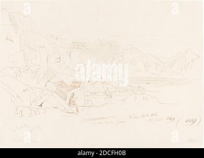 Edward Lear, (Künstler), britisch, 1812 - 1888, Wady Mokatteb, 1849, Stift und braune Tinte über Graphit auf Webepapier, insgesamt: 25.9 x 35.8 cm (10 3/16 x 14 1/8 Zoll Stockfoto