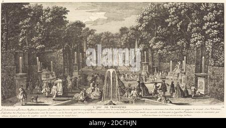 Jean-Baptiste Rigaud, (Künstler), französisch, aktiv 1752/1761, L'Arc de Triomphe, Ansichten der Gartenhaine von Versailles: pl. 12, (Serie), Radierung und Gravur Stockfoto