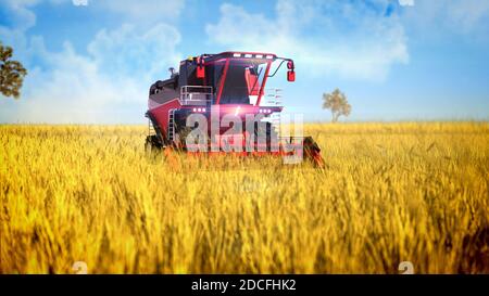 Robot Harvester Mähdrescher arbeiten auf dem ländlichen Feld - Industrie 3D-Illustration Stockfoto