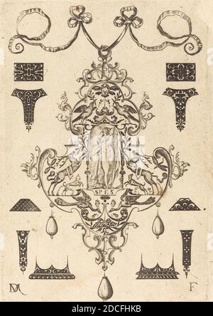 Daniel Mignot, (Künstler), deutsch, aktiv 1593/1596, großer Anhänger, Hope Standing at Center, Tugenden: pl.3, (Serie), 1593, Gravur Stockfoto