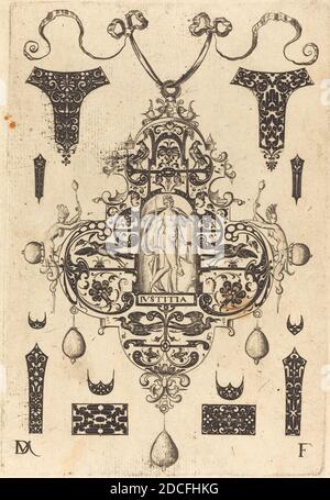 Daniel Mignot, (Künstler), deutsch, aktiv 1593/1596, großer Anhänger, Gerechtigkeit im Zentrum stehend, Tugenden: pl.5, (Serie), 1593, Gravur Stockfoto