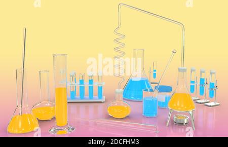 Laborröhrchen und andere biochemische Glaswaren mit blauen und orangen Flüssigkeiten auf gelb-rosa Gradientenhintergrund - Universitätskonzept, 3D-Abb. Stockfoto