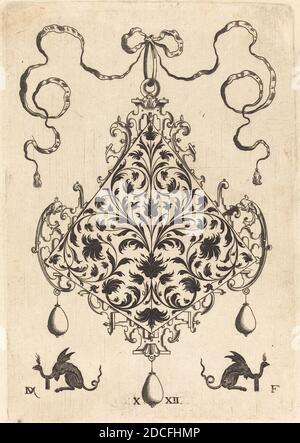 Daniel Mignot, (Künstler), deutsch, aktiv 1593/1596, großer Anhänger, Ornamental Foliage Design, große Anhänger mit Silhoeutted Grotesques, (Serie), 1596, Gravur Stockfoto