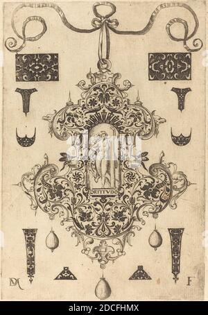 Daniel Mignot, (Künstler), deutsch, aktiv 1593/1596, großer Anhänger, Kraft steht im Zentrum, Tugenden: pl.7, (Serie), 1593, Gravur Stockfoto