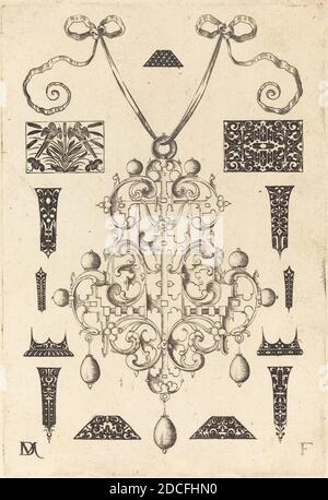 Daniel Mignot, (Künstler), deutsch, aktiv 1593/1596, großer Anhänger, umgeben von dreizehn Gestüten, Anhängern, Medaillons und Gestüten: pl.4, (Serie), 1593, Gravur Stockfoto