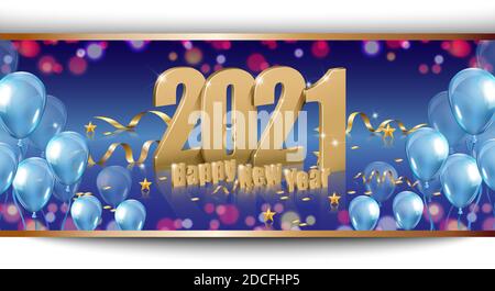 2021 Happy New Year Design, Illustration von 3d goldenen 2021 Logo Zahlen und glückliches neues Jahr auf buntem Hintergrund, NY Feier Einladung. Stock Vektor