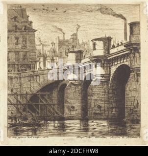 Charles Meryon, (Künstler), französisch, 1821 - 1868, Le Pont Neuf, Paris, 1853, Radierung auf blauem Papier Stockfoto