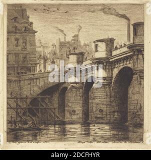 Charles Meryon, (Künstler), französisch, 1821 - 1868, Le Pont Neuf, Paris, 1853, Radierung auf grünem Papier Stockfoto