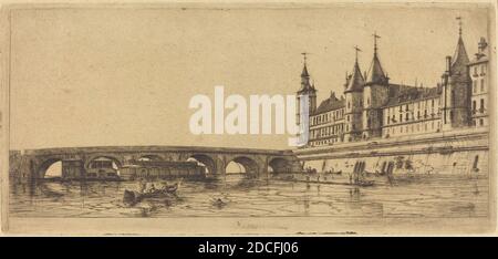 Charles Meryon, (Künstler), französisch, 1821 - 1868, Le Pont-au-Change, Paris, 1854, Radierung auf grünem Papier Stockfoto