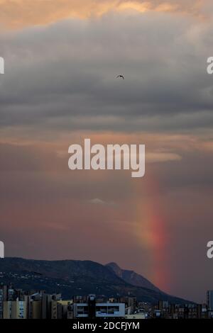 Heller bunter Regenbogen über der Stadt, Sonne scheint in regnerischen Tag, schöne Farben Phänomen in dunklen Himmel Stockfoto